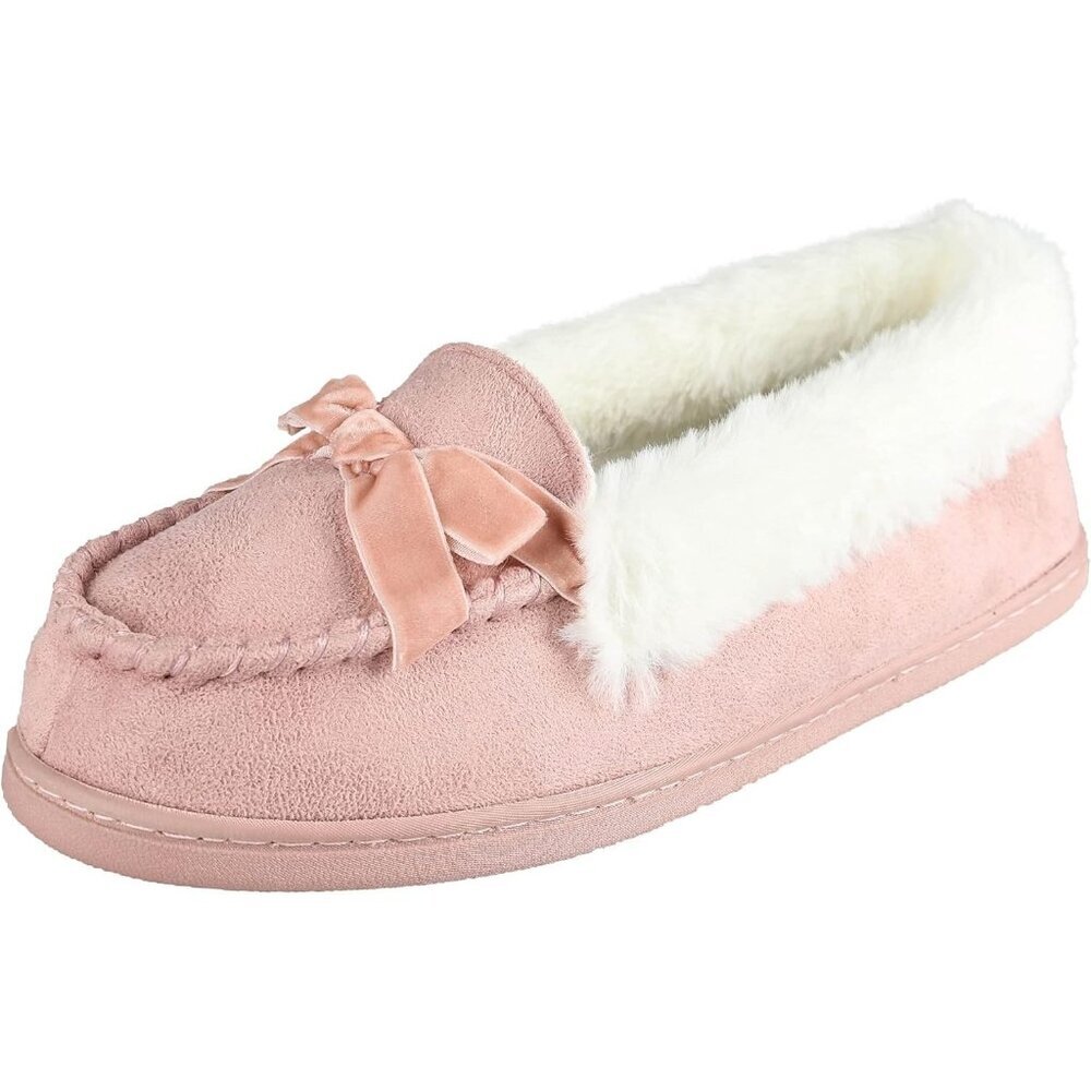 Women's Light Pink Bow Faux Fur Collar Pull On Plush Lining Slipper Boot Shoes